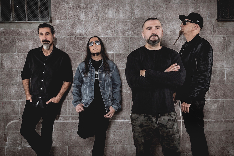 Promotional portrait of rock band System of a Down (SOAD). Serj Tankian, Daron Malakian, John Dolmayan,